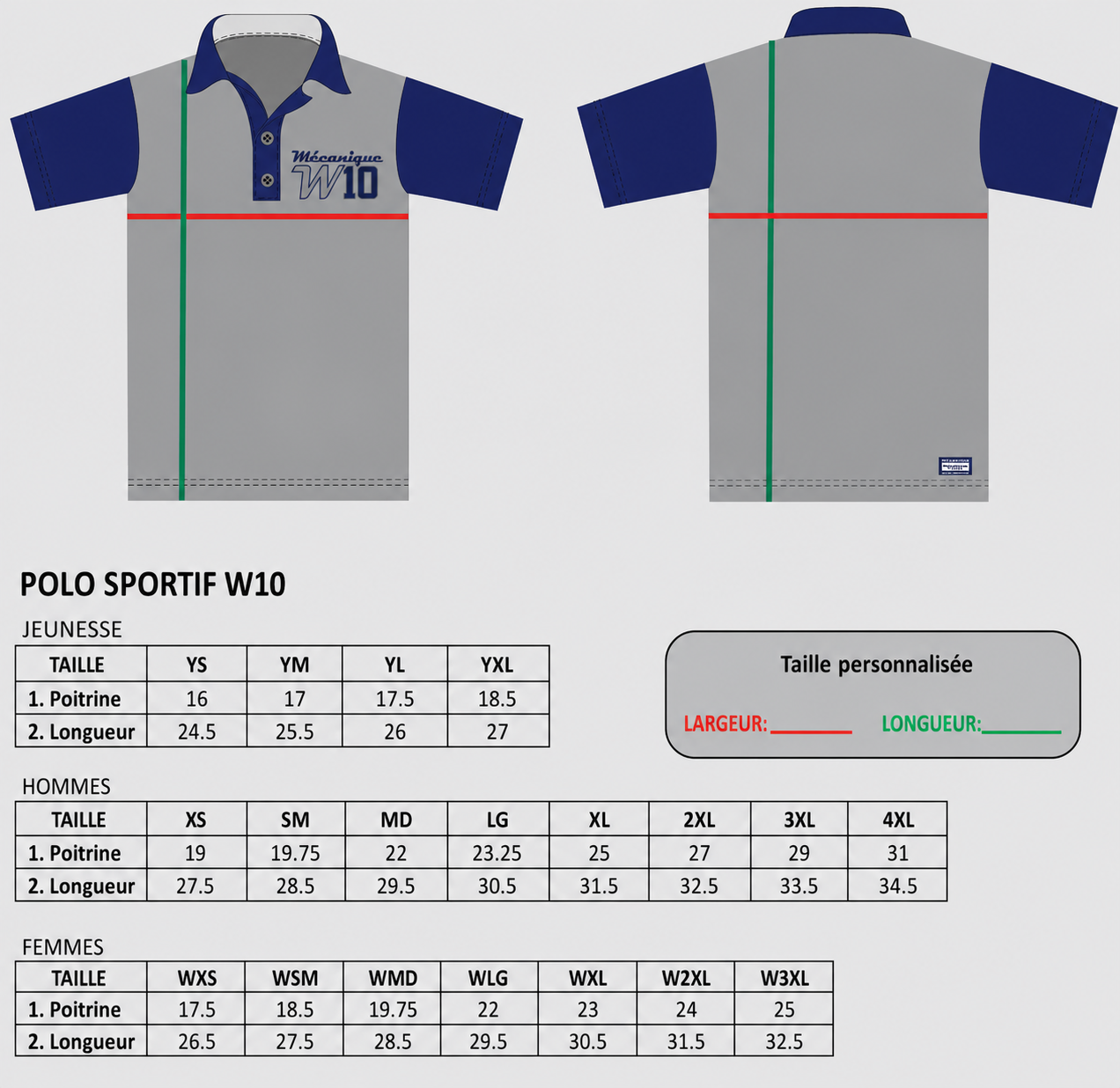 Tableau des tailles pour polos - Instructions de mesure