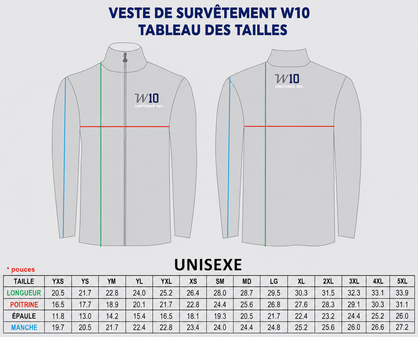 Instructions de prise de mesures – Tableau des tailles du survêtement